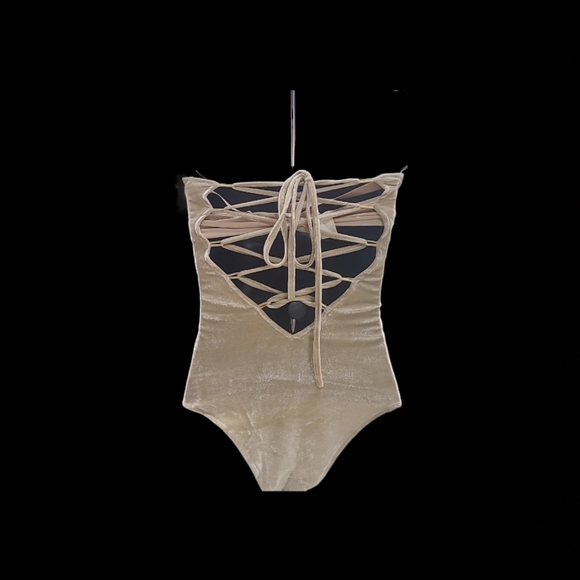 Ladies Beige Faux Velvet Lace up Body Suit - Picture 4 of 5